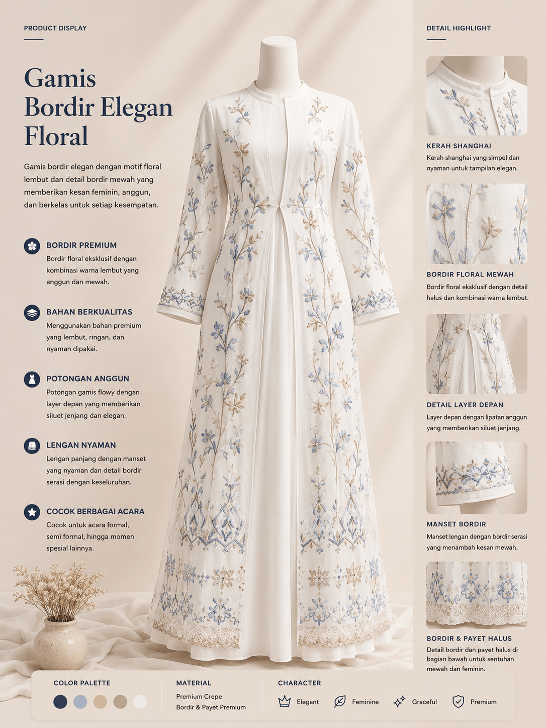 Gamis Bordir Elegan Floral