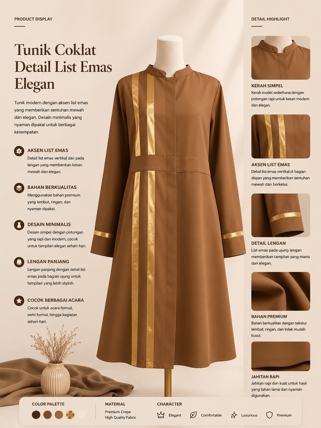 Tunik Coklat Detail List Emas Elegan