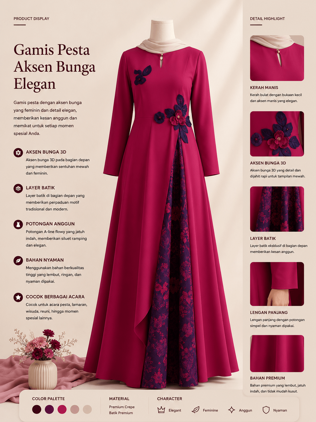 Gamis Pesta Aksen Bunga Elegan