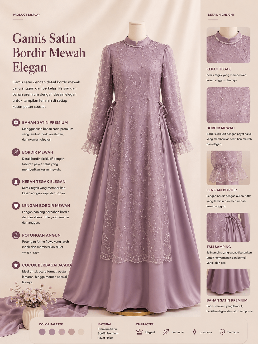 Gamis Satin Bordir Mewah Elegan