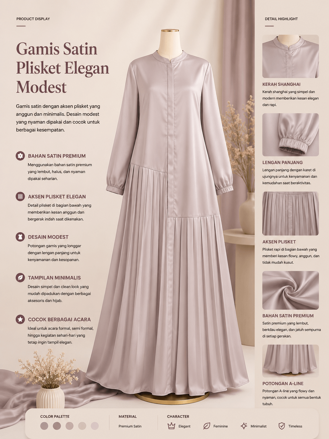 Gamis Satin Plisket Elegan Modest