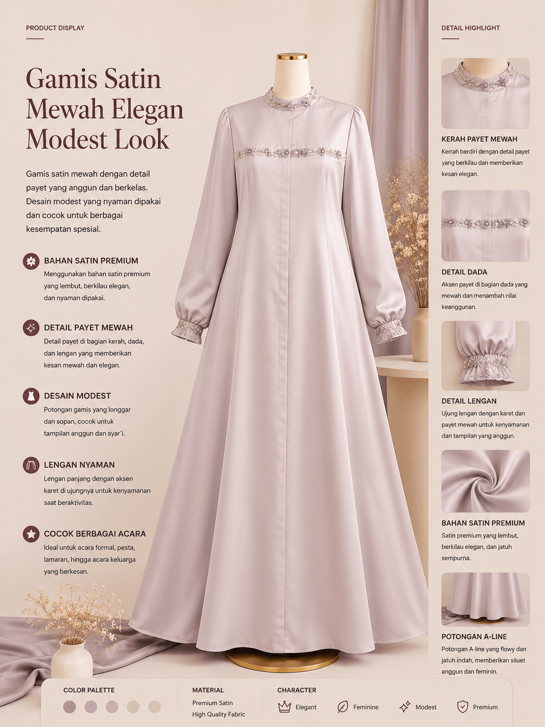 Gamis Satin Mewah Elegan Modest Look