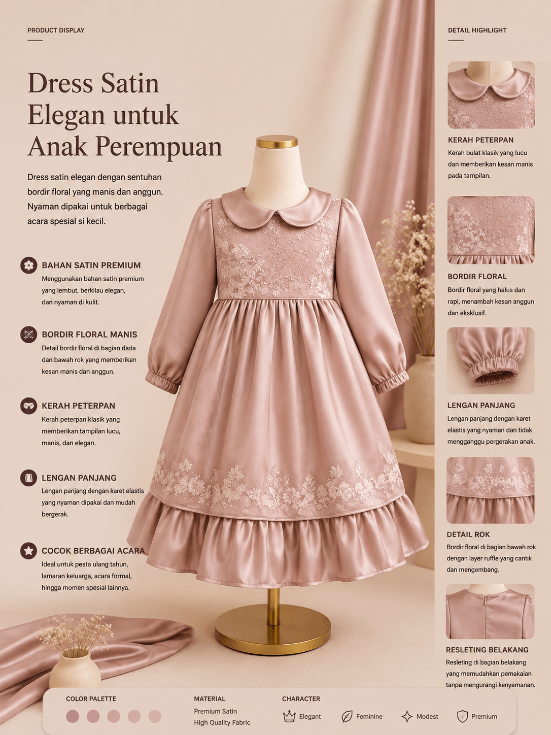 Dress Satin Elegan untuk Anak Perempuan