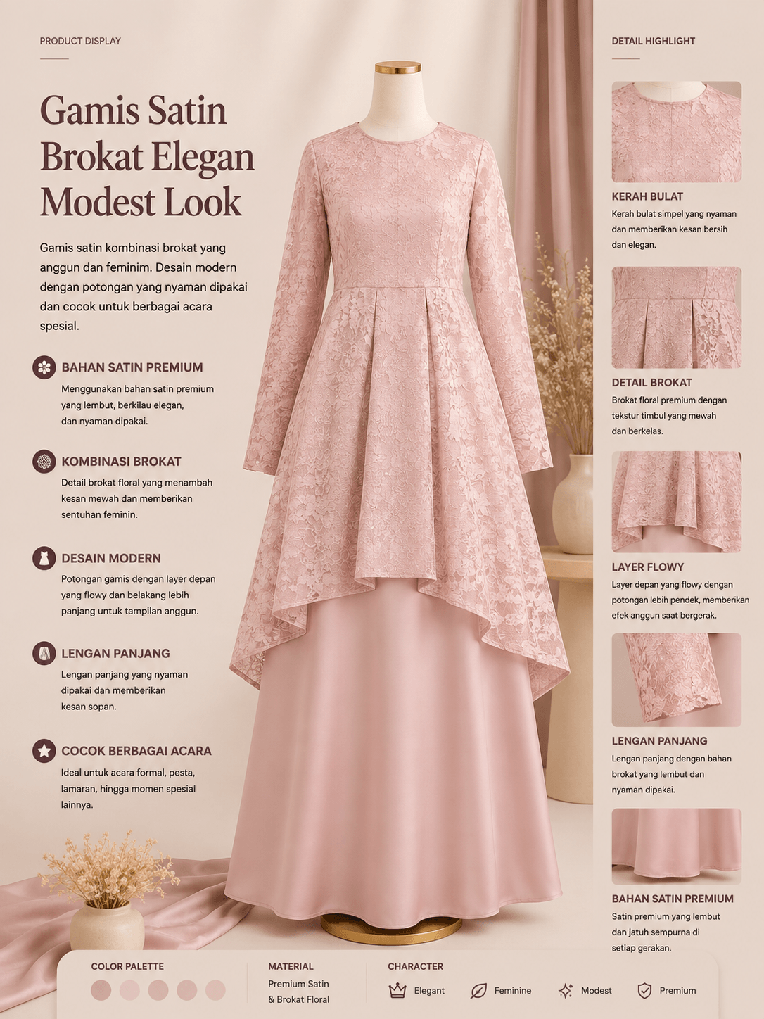 Gamis Satin Brokat Elegan Modest Look