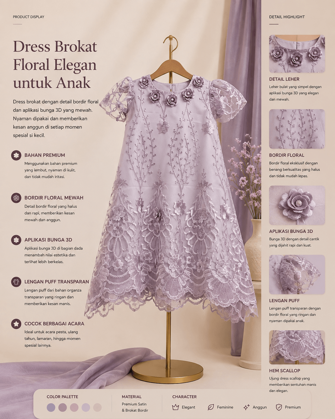 Dress Brokat Floral Elegan untuk Anak