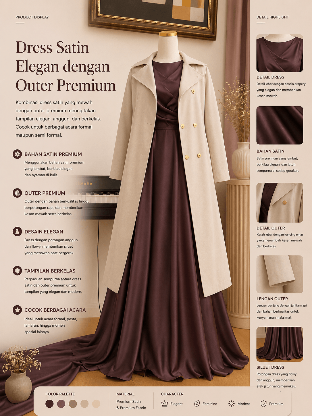 Dress Satin Elegan dengan Outer Premium