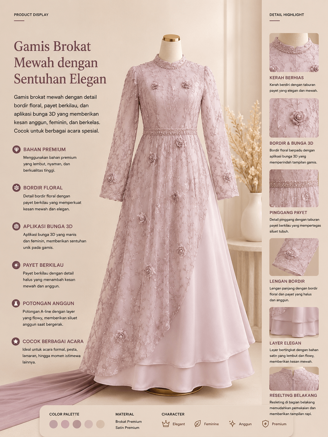 Gamis Brokat Mewah dengan Sentuhan Elegan